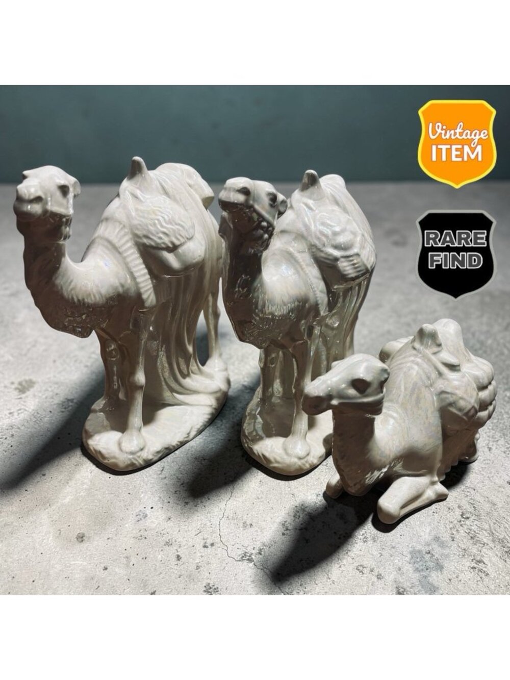 Vintage Holland Mold Large White Iridescent Nativity Set Camel Ceramic Figurines
